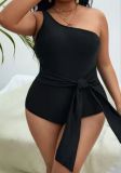 Women Fashion One Shoulder Plain Black Plus Size One Piece Swimsuit