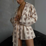 Printed Ladies Casual Tie Long Sleeve Robe Pajamas High Waist Shorts Two Piece Set Loose Loungewear