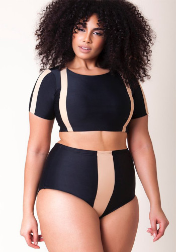 Women Two Pieces Swimsuit Plus Size Color Block High Waist Bikini Swimsuit