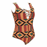 African Print One-Piece Lace-Up Plus Size Swimsuit