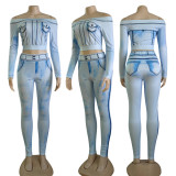 Women's Fashion Print Off Shoulder Long Sleeve Casual Two Piece Pants Set