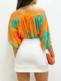 Summer Women's Pleated Off-The-Shoulder Loose Top Bat Sleeves Short-Sleeved T-Shirt