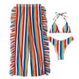 Sexy Stripes Print Two Piece Bikini Swimwear Ruffled Pants Three-Piece Swimsuit