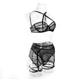 Sexy Lingerie Mesh See-Through Sexy Gathering Cross Lace-Up Hollow Three-Piece Female Underwear Set