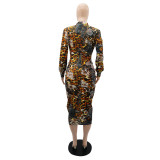 Irregular Ruched Long-Sleeved Deep V Neck Leopard Print Spring And Autumn Women's Dress