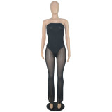 Women's Fashion Sexy Strapless Tight Fitting Wide Leg Mesh Jumpsuit