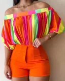 Summer Women's Pleated Off-The-Shoulder Loose Top Bat Sleeves Short-Sleeved T-Shirt