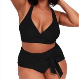 Sexy Solid Lace-Up Two Pieces Plus Size Swimsuit