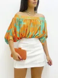 Summer Women's Pleated Off-The-Shoulder Loose Top Bat Sleeves Short-Sleeved T-Shirt