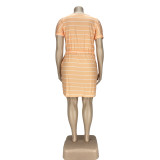 Ladies' Fashion Stripe Drawstring Short Sleeve Casual Plus Size Dress