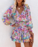 Spring Summer Long Sleeve V Neck Fashion Print Slim Waist Dress For Women