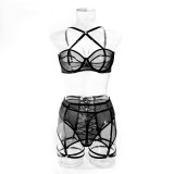Sexy Lingerie Mesh See-Through Sexy Gathering Cross Lace-Up Hollow Three-Piece Female Underwear Set