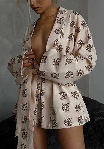 Baskılı Bayanlar Casual Kravat Uzun Kollu Robe Pijama Yüksek Bel Şort İki Parçalı Set Gevşek Loungewear
