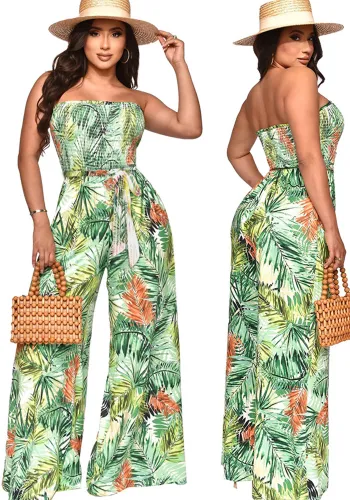 Trendy Painted Print Fashion Wrap Casual Holidays Women's Slim Waist Jumpsuit