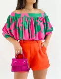 Summer Women's Pleated Off-The-Shoulder Loose Top Bat Sleeves Short-Sleeved T-Shirt