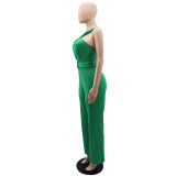 Summer Sleeveless Low Back Solid Color High Waist Strap Straight Jumpsuit