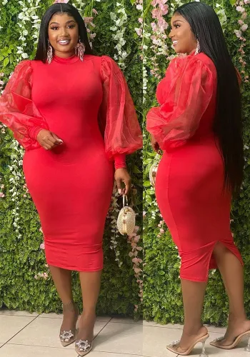 Plus Size Women's See-Through Mesh Balloon Sleeve Bodycon Dress