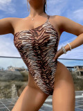 Women Leopard Print One-Shoulder Low Back One-Piece Swimsuit