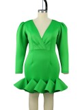 Spring Wrap V-Neck Low Cut Sexy Dress Pleated Details Patchwork Puff Sleeve Dress