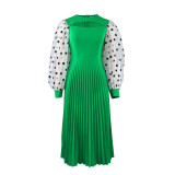 Round Neck Cutout Rouned Neck Pleated Career Balloon Sleeve Party Dress