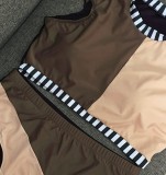 Women's Two Piece Plus Size Swimsuit Multicolor Patchwork High Waist Short Sleeve Swimwear