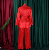 Conjunto de dos piezas de camisa y pantalones con cordones de manga larga suelta plisada de color sólido para mujer