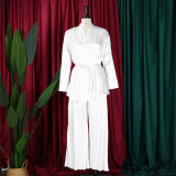 Conjunto de dos piezas de camisa y pantalones con cordones de manga larga suelta plisada de color sólido para mujer