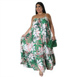 Plus Size Women Summer Sexy Off Shoulder Pleated Print Strap Dress