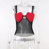 Top transparente de malla con estampado de corazón sexy para mujer