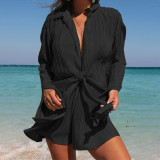 Women Solid Loose Turndown Collar Long Sleeve Shirt and Shorts Two-Piece Set