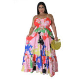 Plus Size Women Summer Sexy Off Shoulder Pleated Print Strap Dress