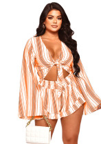 Women Deep V Sexy Stripe Cut Out Lace Up Long Sleeve Romper
