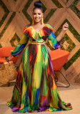 Vestido plisado con volantes y cuello en V para mujer