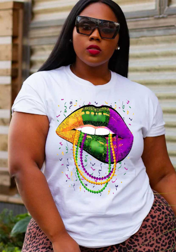 Camiseta con estampado de labios a la moda para mujer de talla grande