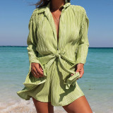 Women Solid Loose Turndown Collar Long Sleeve Shirt and Shorts Two-Piece Set