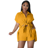 Women Summer Solid Short Sleeve Shirt and Shorts Two-Piece Set
