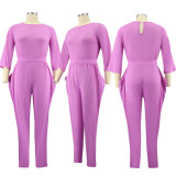 Autumn/Winter Solid Color Half Sleeve Round Neck Casual Home Ladies Jumpsuit