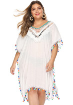 Plus Size Women's Irregular Hook Patchwork Multi-Color Tassel Deep V Sexy Loose Plus Size Beach Cover Up