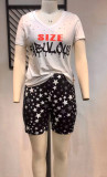 Conjunto de camiseta de moda rasgada con estampado de posicionamiento de manga corta de verano para mujer de talla grande