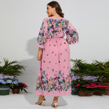elegant floral Plus Size loose dress Bell Bottom sleeve v-neck elastic waist chiffon dress