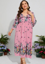 Robe ample florale élégante grande taille robe en mousseline de soie à taille élastique à manches en bas et col en V