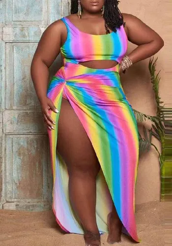 Fashion Plus Size Women's Sexy Rainbow Stripe Cutout One Piece Swimsuit Dress Two-Piece Set