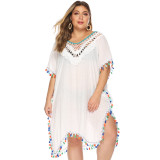 Tallas grandes para mujer Irregular Hook Patchwork Multi-Color Tassel Deep V Sexy Loose Plus Size Beach Cover Up