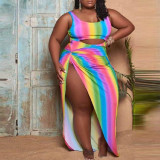 Conjunto de dos piezas de traje de baño de una pieza con recorte de rayas arcoíris sexy para mujer de talla grande a la moda