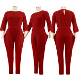 Autumn/Winter Solid Color Half Sleeve Round Neck Casual Home Ladies Jumpsuit