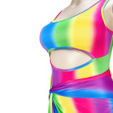 Conjunto de dos piezas de traje de baño de una pieza con recorte de rayas arcoíris sexy para mujer de talla grande a la moda