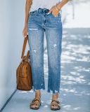 Women's Ripped Casual Cropped Straight Wash Light Blue Denim Pants