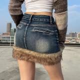 Fluffy Edge Wash Denim Retro Blue Stretch Falda Mujer Estilo Bodycon Minifalda