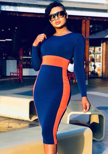 Ropa de mujer Otoño Moda O-cuello Contraste Color Manga larga Midi Bodycon Dress