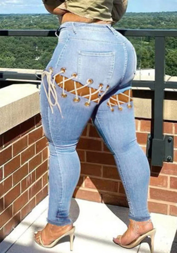 Pantalones de mujer Sexy Baggy Plus Size Pantalones Casual Butt Hole Lace-Up Denim Pantalones